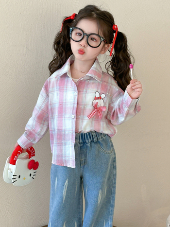 Lányoknak szóló ing-dzseki, koreai stílusú kockás mintával, hosszú ujjú, V-nyakú, pamut-keverék puha felülettel, 3–8 éveseknek