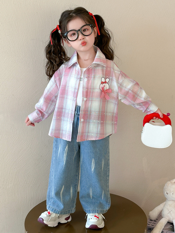 Lányoknak szóló ing-dzseki, koreai stílusú kockás mintával, hosszú ujjú, V-nyakú, pamut-keverék puha felülettel, 3–8 éveseknek