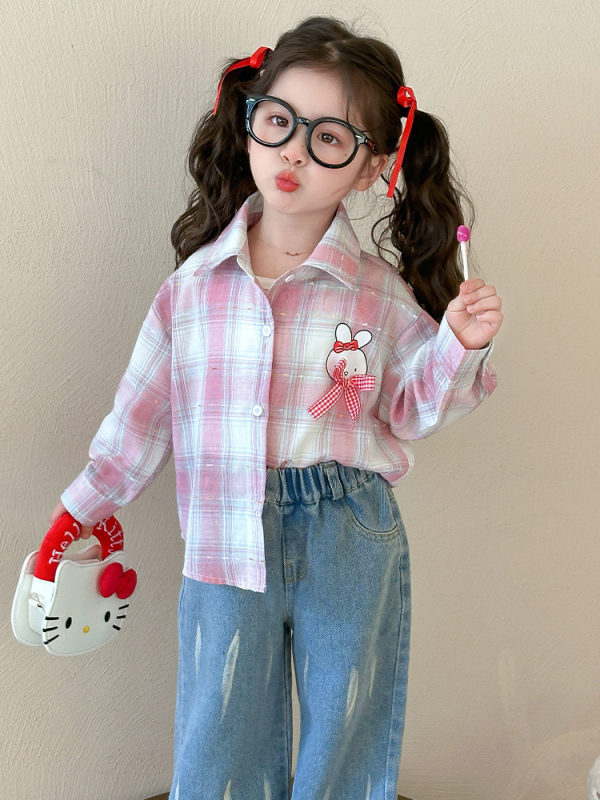 Lányoknak szóló ing-dzseki, koreai stílusú kockás mintával, hosszú ujjú, V-nyakú, pamut-keverék puha felülettel, 3–8 éveseknek