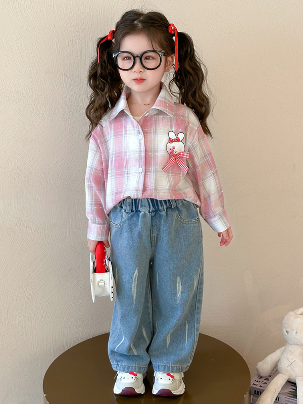 Lányoknak szóló ing-dzseki, koreai stílusú kockás mintával, hosszú ujjú, V-nyakú, pamut-keverék puha felülettel, 3–8 éveseknek