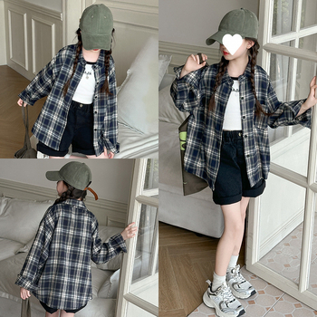 Mergaitėms ilgomis rankovėmis marškinėliai su languotu raštu, Pietų Korėjos stilius, Vinylon audinys, pavasaris-ruduo, nuo 8 metų