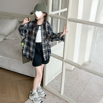 Mergaitėms ilgomis rankovėmis marškinėliai su languotu raštu, Pietų Korėjos stilius, Vinylon audinys, pavasaris-ruduo, nuo 8 metų