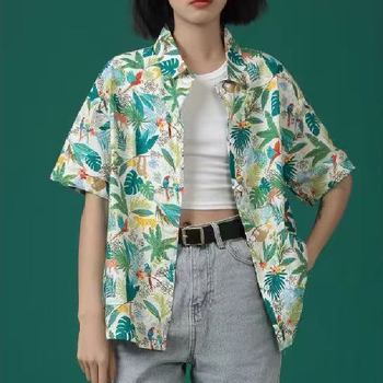 Poliészter rövid ujjú ing fa mintázatú, polo gallérral, laza szabású, mindennapi stílusú