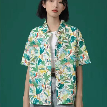 Poliészter rövid ujjú ing fa mintázatú, polo gallérral, laza szabású, mindennapi stílusú