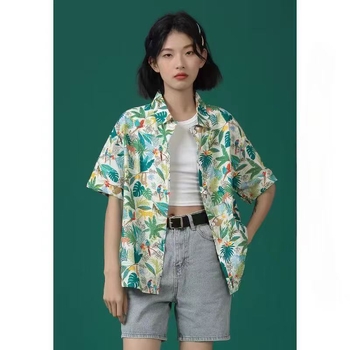 Poliészter rövid ujjú ing fa mintázatú, polo gallérral, laza szabású, mindennapi stílusú