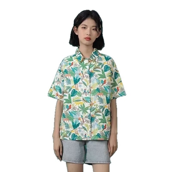 Poliészter rövid ujjú ing fa mintázatú, polo gallérral, laza szabású, mindennapi stílusú