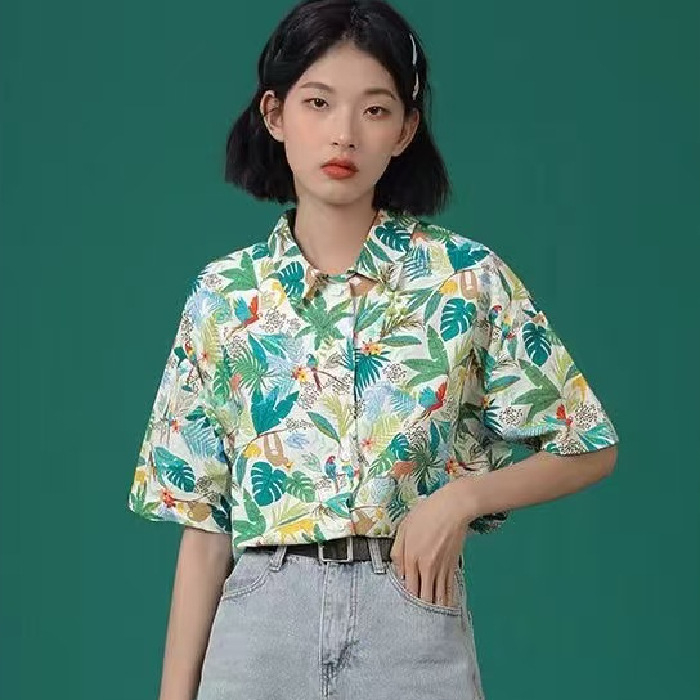 Poliészter rövid ujjú ing fa mintázatú, polo gallérral, laza szabású, mindennapi stílusú