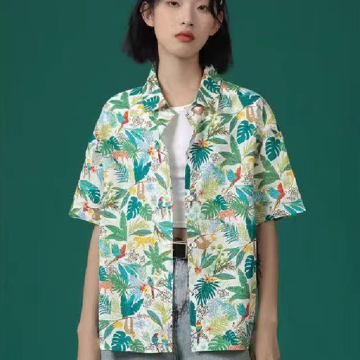 Poliészter rövid ujjú ing fa mintázatú, polo gallérral, laza szabású, mindennapi stílusú