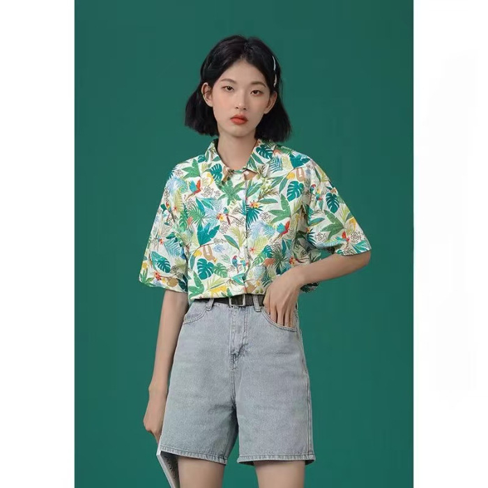 Poliészter rövid ujjú ing fa mintázatú, polo gallérral, laza szabású, mindennapi stílusú