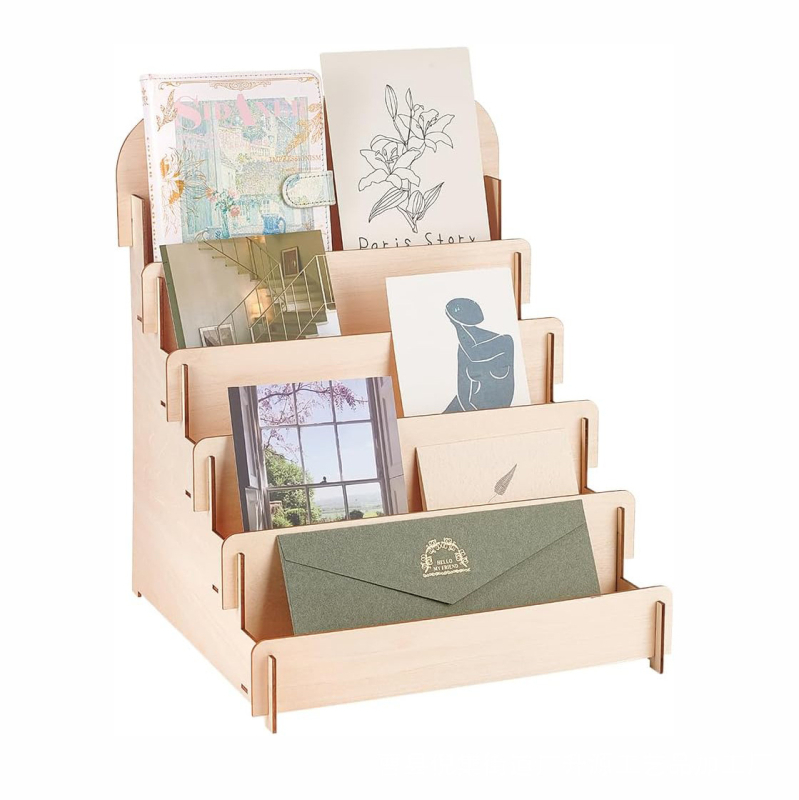 Fából készült asztali kártya- és posta tárolóállvány, 3 rétegű, asztali felületre szerelhető, modern minimál stílus, multifunkcionális