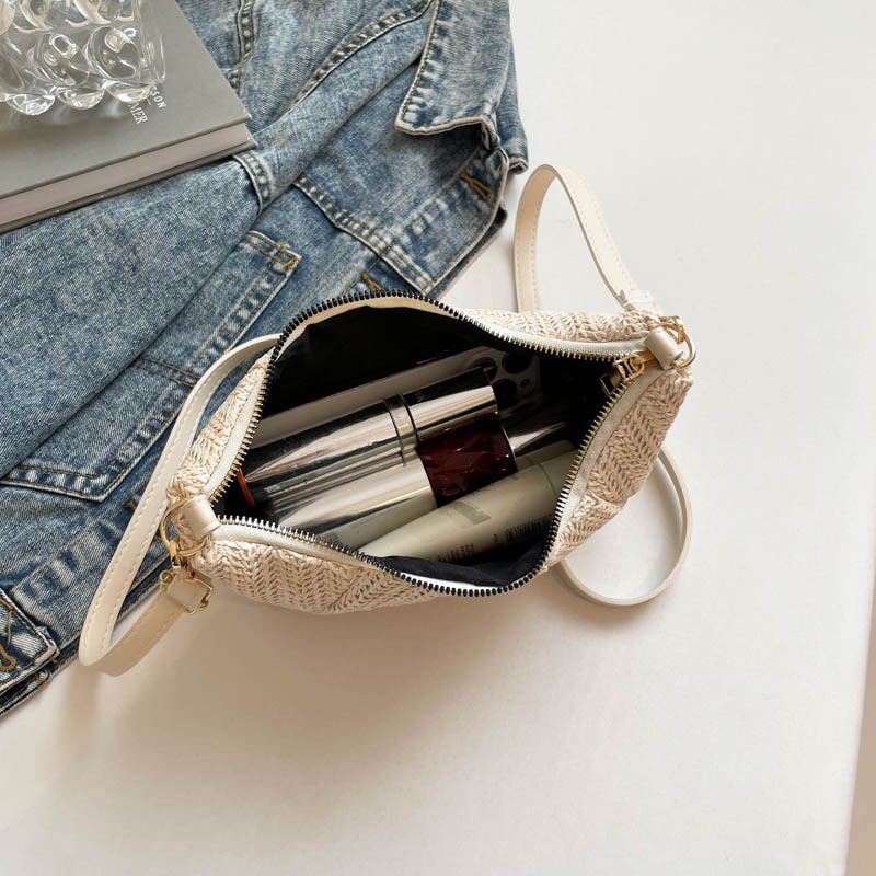 Válltás lánccal, vödör-formájú, PU+szalma anyagból, utcai divat stílus, zipzáras zárás, belső szintetikus bélés