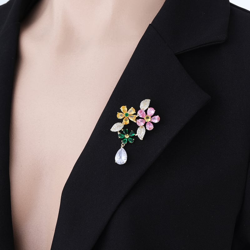 Брошка цвете със циркон, медна основа, серия Принцеса, стил дамски прост