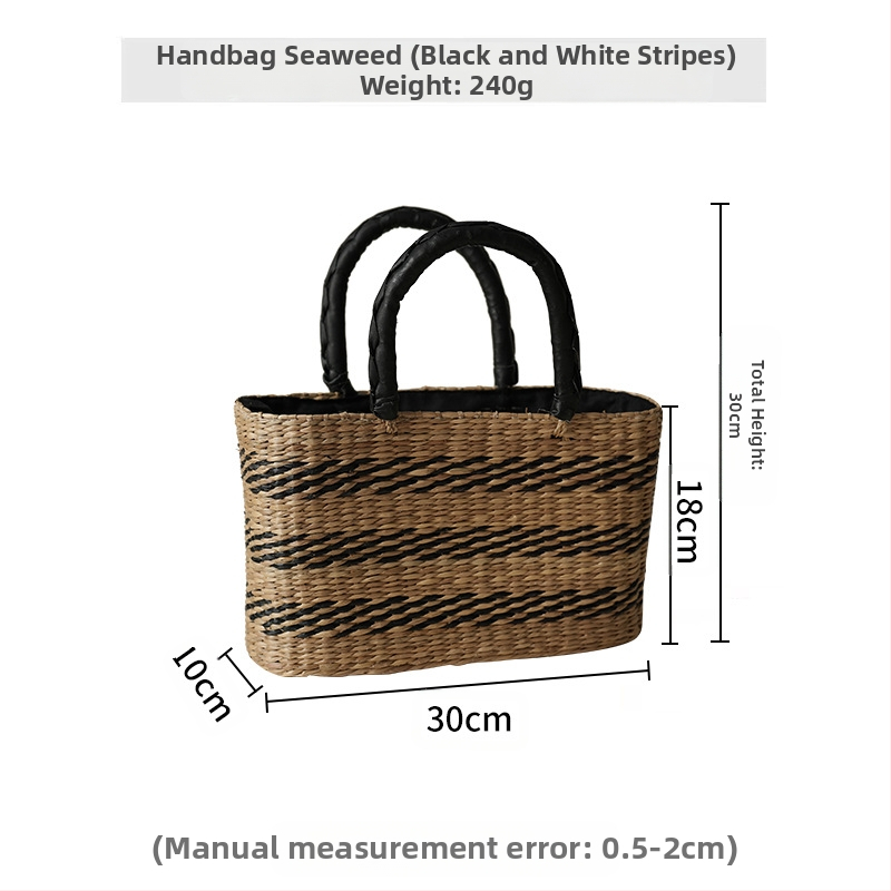 Северноевропейски вдъхновена ръчно плетена сламена чанта тип кофичка с капак – кръгла форма, памучна подплата, двойни дръжки (Материал: Слама; Стил: Чанта-кофа; Форма: Кръгла; Отваряне: Капак; Подплата: Памук)