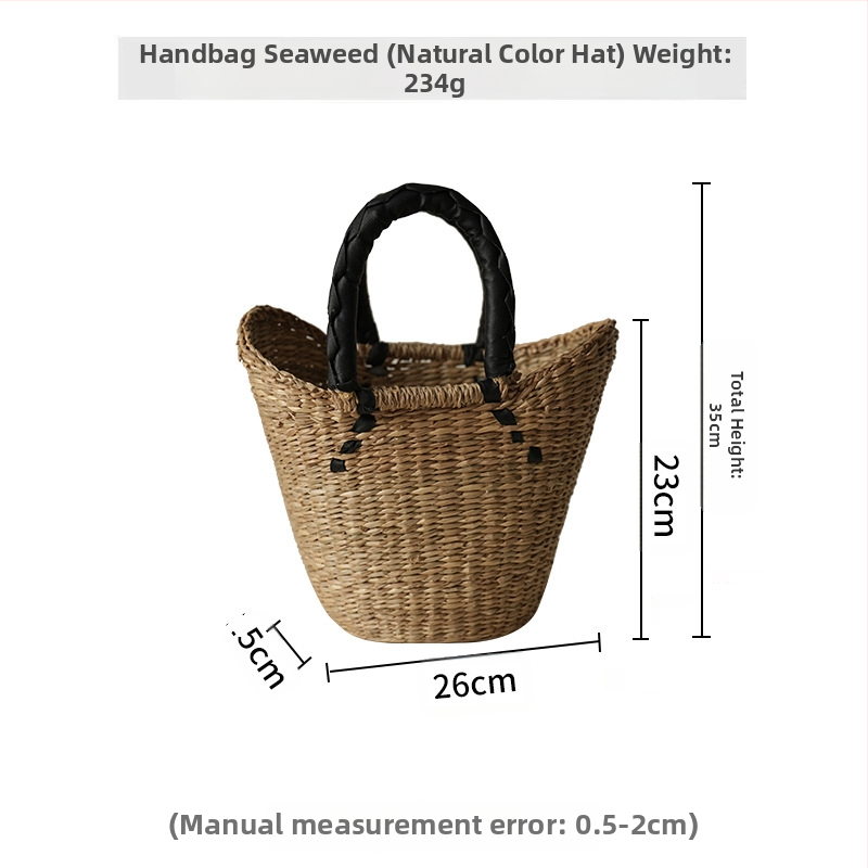 Северноевропейски вдъхновена ръчно плетена сламена чанта тип кофичка с капак – кръгла форма, памучна подплата, двойни дръжки (Материал: Слама; Стил: Чанта-кофа; Форма: Кръгла; Отваряне: Капак; Подплата: Памук)