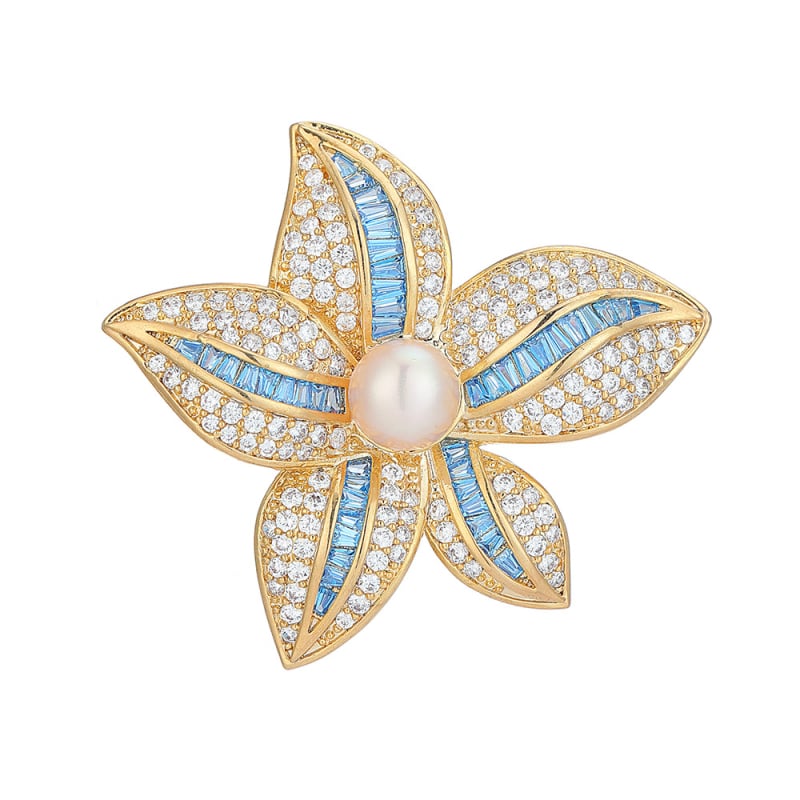 Медна звезда брошка със цирконови вставки и акцент от пресноводни перли