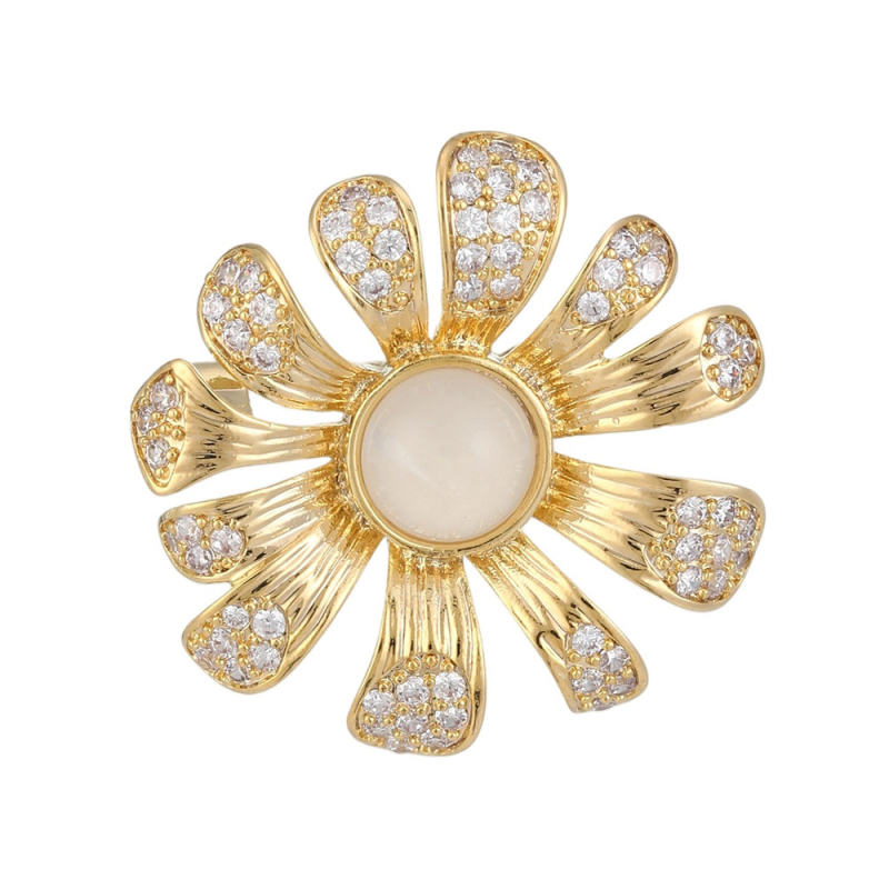 Слънчогледова медна брошка с цирконова вложка, микро паве — женски стил, серия Принцеса