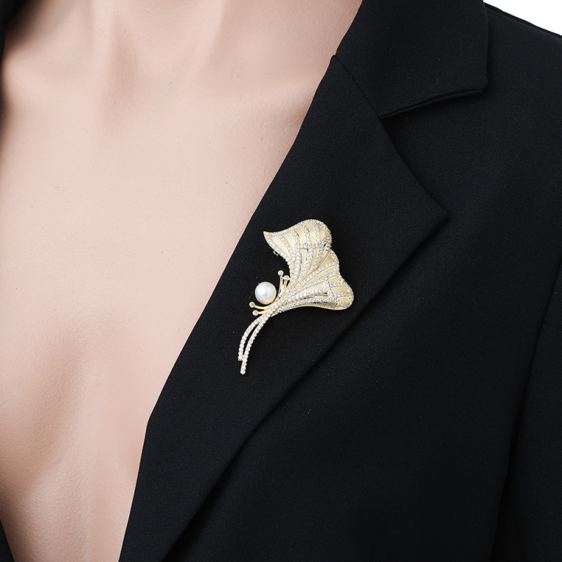 Ginkgo formos segtukas su cirkonų įdėklu, vario pagrindas, Princesių serija