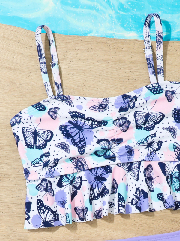 A Lányoknak készült két részes gyerek fürdőruha virágos mintával, magas rugalmassággal, poliészter 85/15, anyagsúly 200 g, bélés 100% poliészter