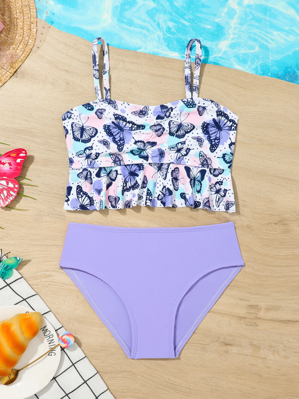 A Lányoknak készült két részes gyerek fürdőruha virágos mintával, magas rugalmassággal, poliészter 85/15, anyagsúly 200 g, bélés 100% poliészter