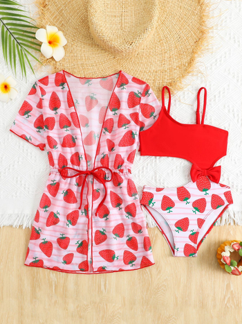 Strawberry Girl két részes gyerek fürdőruha puffos ujjakkal (82% poliészter, pamut anyag, lányoknak)