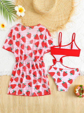 Strawberry Girl Δύο τεμάχια παιδικό μαγιό με φουσκωτά μανίκια (82% πολυεστέρας, βαμβακερό ύφασμα, για κορίτσια)