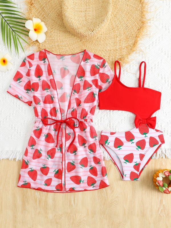Strawberry Girl két részes gyerek fürdőruha puffos ujjakkal (82% poliészter, pamut anyag, lányoknak)