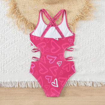 Κοριτσίστικο ολόσωμο μαγιό με print καρδιάς και μοτίβο λουλουδιών, ύφασμα πολυεστέρας 85%, φόδρα 100% πολυεστέρας, χωρίς επένδυση στήθους