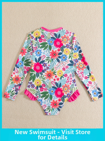 Κοριτσίστικo μαγιό με μακρύ μανίκι για προστασία από τον ήλιο, σχέδιο με σπασμένα λουλούδια, ύφασμα 82% πολυεστέρας, επένδυση 18% σπαντέξ, βάρος 150 g, κατάλληλο για κολύμβηση και θαλάσσιες δραστηριότητες