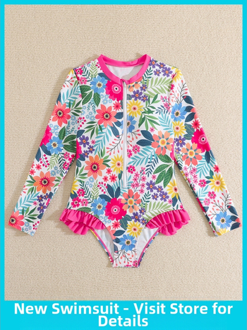 Κοριτσίστικo μαγιό με μακρύ μανίκι για προστασία από τον ήλιο, σχέδιο με σπασμένα λουλούδια, ύφασμα 82% πολυεστέρας, επένδυση 18% σπαντέξ, βάρος 150 g, κατάλληλο για κολύμβηση και θαλάσσιες δραστηριότητες
