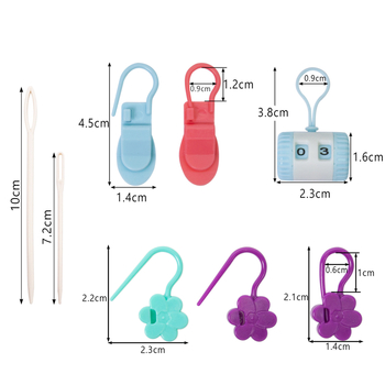 Kötéshez és horgoláshoz használható jelzőkészlet számlálóval, kézi varrótűkkel és nyitott tűkkel