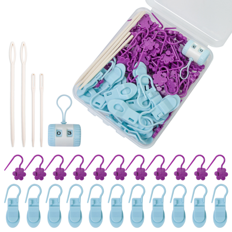 Kötéshez és horgoláshoz használható jelzőkészlet számlálóval, kézi varrótűkkel és nyitott tűkkel