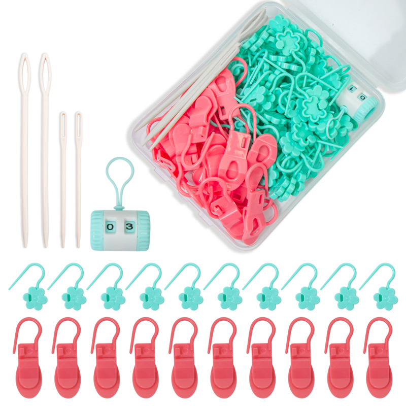 Kötéshez és horgoláshoz használható jelzőkészlet számlálóval, kézi varrótűkkel és nyitott tűkkel