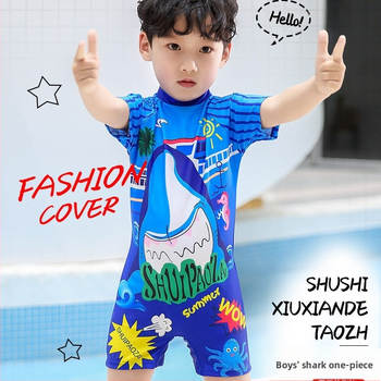 Ολόσωμο μαγιό για αγόρια με κοντό μανίκι και καπέλο, προστασία από τον ήλιο, για ηλικίες 3–10 ετών, πολυεστέρας, επένδυση πολυεστέρα, κορεατικού στυλ μοτίβο καρτούν, υψηλή ελαστικότητα