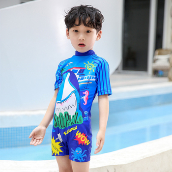 Ολόσωμο μαγιό για αγόρια με κοντό μανίκι και καπέλο, προστασία από τον ήλιο, για ηλικίες 3–10 ετών, πολυεστέρας, επένδυση πολυεστέρα, κορεατικού στυλ μοτίβο καρτούν, υψηλή ελαστικότητα