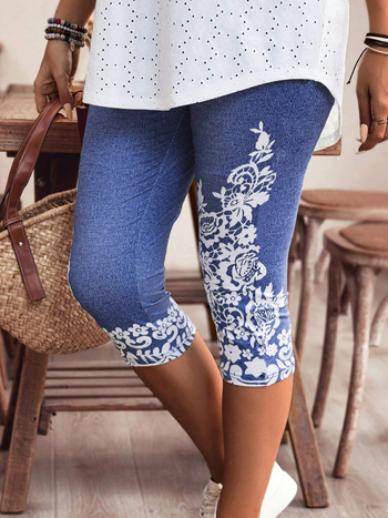 HR7761 Дамски панталони с деним принт, cropped, средна талия, тесен силует, 95% полиестер, делови градски стил