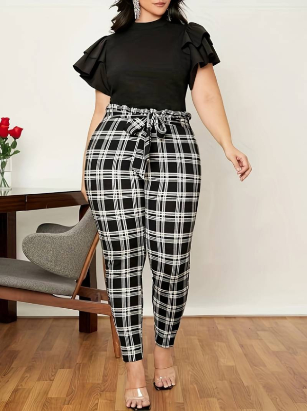 Női cropped leggings kockás mintával, magas derekú övvel, poliészter 95%+, ősz 2024.