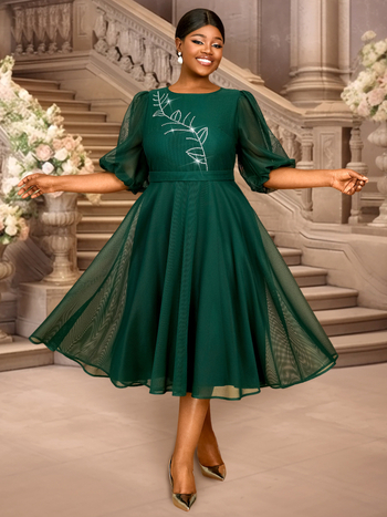 Φόρεμα με φουσκωτά μανίκια, γραμμής Α, στρογγυλός λαιμός, ψηλή μέση, μεσαίου μήκους, πολυεστέρας, μονόχρωμο