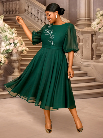 Φόρεμα με φουσκωτά μανίκια, γραμμής Α, στρογγυλός λαιμός, ψηλή μέση, μεσαίου μήκους, πολυεστέρας, μονόχρωμο