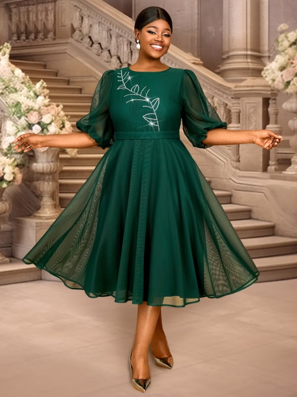 Φόρεμα με φουσκωτά μανίκια, γραμμής Α, στρογγυλός λαιμός, ψηλή μέση, μεσαίου μήκους, πολυεστέρας, μονόχρωμο