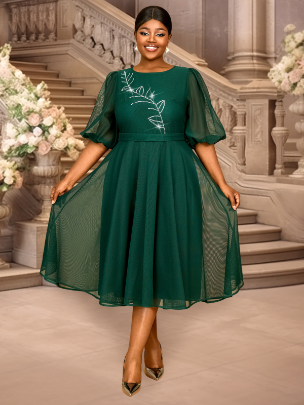 Φόρεμα με φουσκωτά μανίκια, γραμμής Α, στρογγυλός λαιμός, ψηλή μέση, μεσαίου μήκους, πολυεστέρας, μονόχρωμο