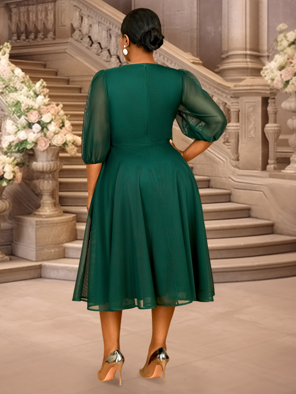 Φόρεμα με φουσκωτά μανίκια, γραμμής Α, στρογγυλός λαιμός, ψηλή μέση, μεσαίου μήκους, πολυεστέρας, μονόχρωμο