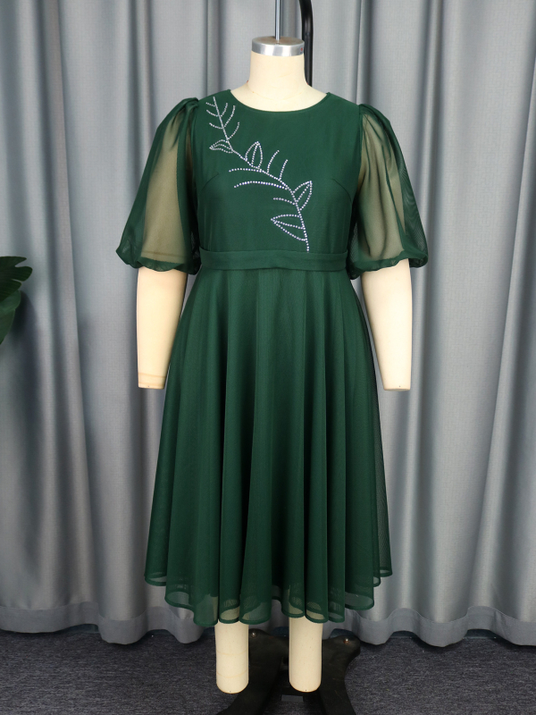 Φόρεμα με φουσκωτά μανίκια, γραμμής Α, στρογγυλός λαιμός, ψηλή μέση, μεσαίου μήκους, πολυεστέρας, μονόχρωμο