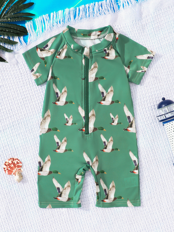 Gyerekeknek készült egyrészes fürdőruha elől cipzárral, uniszex, madármintás, 1–8 évesek, poliészter