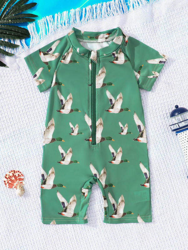 Gyerekeknek készült egyrészes fürdőruha elől cipzárral, uniszex, madármintás, 1–8 évesek, poliészter