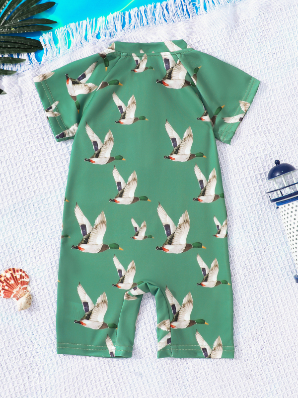 Gyerekeknek készült egyrészes fürdőruha elől cipzárral, uniszex, madármintás, 1–8 évesek, poliészter