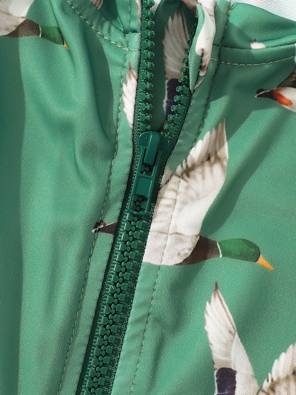 Gyerekeknek készült egyrészes fürdőruha elől cipzárral, uniszex, madármintás, 1–8 évesek, poliészter