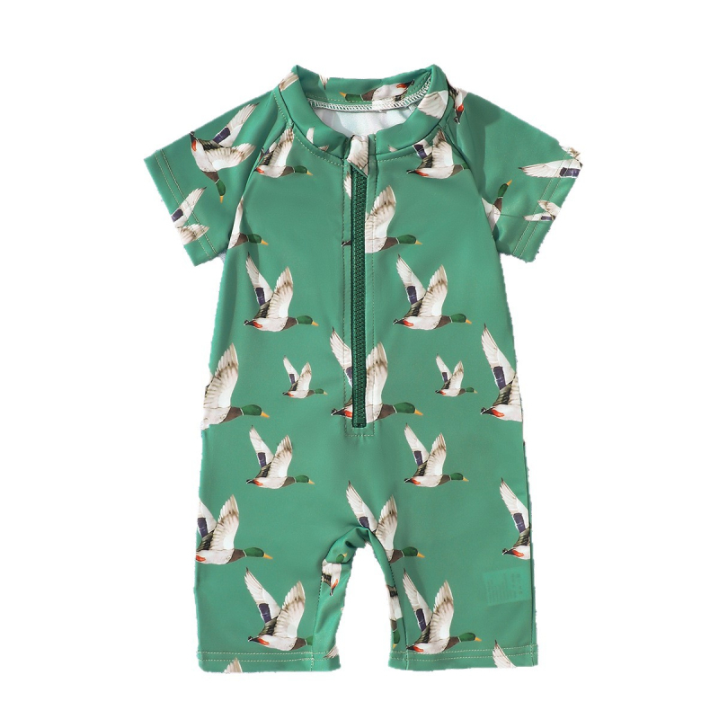 Gyerekeknek készült egyrészes fürdőruha elől cipzárral, uniszex, madármintás, 1–8 évesek, poliészter