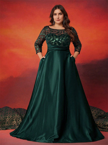 A linijinės blizgančios vakarinės suknelės su apvaliu kaklu, trumpomis rankovėmis, poliesteris 95%+, šventei, pavasaris 2025