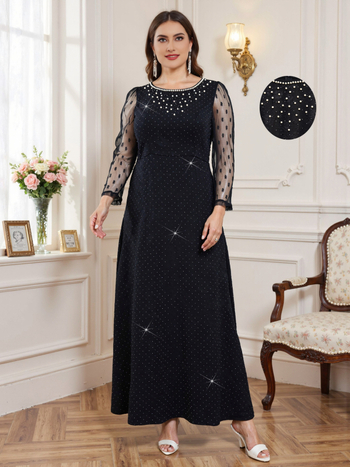 Vakarinė suknelė, A linijos siluetas, ilgos rankovės, ilgas kirpimas, liemuo vidutinis, U formos iškirptė, 70–80% poliesterio