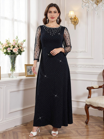 Vakarinė suknelė, A linijos siluetas, ilgos rankovės, ilgas kirpimas, liemuo vidutinis, U formos iškirptė, 70–80% poliesterio